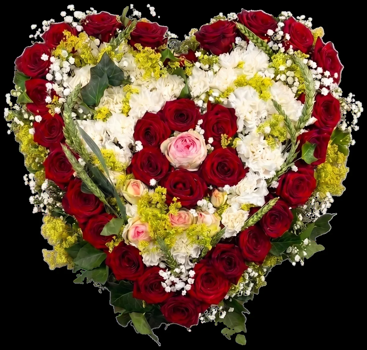 Blumenherz aus roten Rosen, weißen Nelken und Schleierkraut – Blumenschmuck für Hochzeit und Trauerfeier
